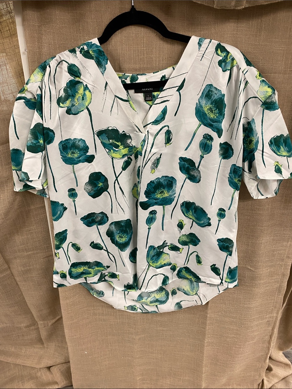 Alfani White V-Neck Blouse with Teal and Lime Floral Print